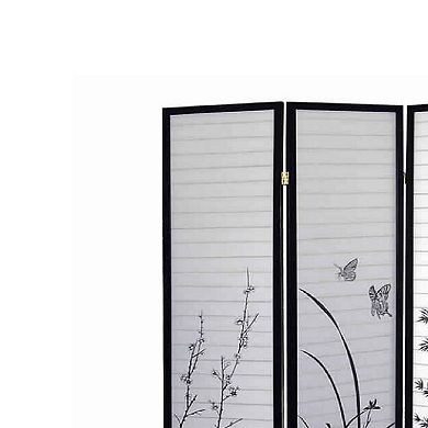 Naturistic Print Wood and Paper 3 Panel Room Divider, White and Black