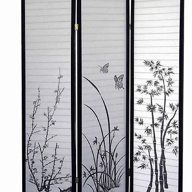 Naturistic Print Wood and Paper 3 Panel Room Divider, White and Black