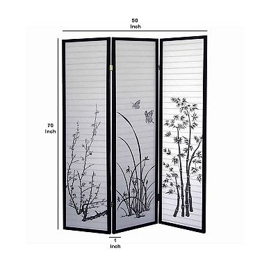 Naturistic Print Wood and Paper 3 Panel Room Divider, White and Black