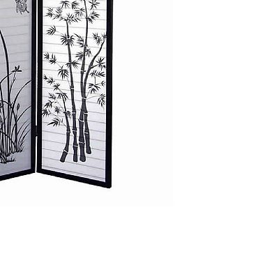 Naturistic Print Wood and Paper 3 Panel Room Divider, White and Black