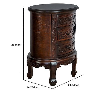 Wooden Chest with 3 Drawer and Scrolled Details, Dark Brown