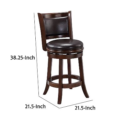 Pal 24 Inch Swivel Counter Stool, Solid Wood, Faux Leather, Cappuccino Brown