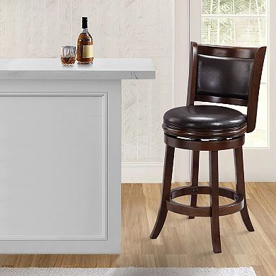 Pal 24 Inch Swivel Counter Stool, Solid Wood, Faux Leather, Cappuccino Brown