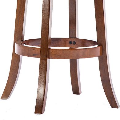 Pal 29 Inch Swivel Bar Stool, Solid Wood, Bonded Leather, Walnut Brown