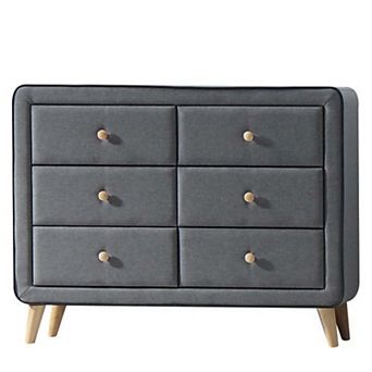 Transitional Style Wood and Fabric Upholstery Dresser with 6 Drawers, Gray