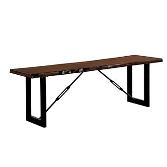 Rectangular Metal Frame Bench with Wooden Seat, Black and Brown