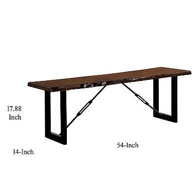 Rectangular Metal Frame Bench with Wooden Seat, Black and Brown