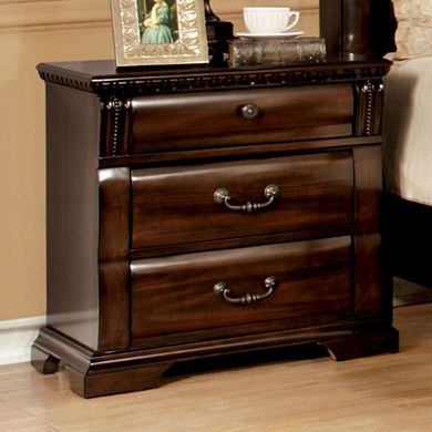 28 Inch Bedside Nightstand, 3 Drawers With Pewter Handles, Classic Dark Cherry Brown Solid Wood