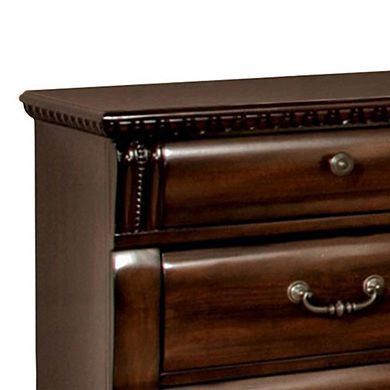 28 Inch Bedside Nightstand, 3 Drawers With Pewter Handles, Classic Dark Cherry Brown Solid Wood