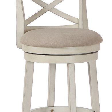 Curved X Shaped Back Swivel Barstool with Fabric Padded Seating, Antique White