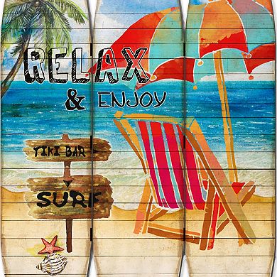 Lounge and Umbrella Print Surfboard Shaped 3 Panel Room Divider, Multicolor