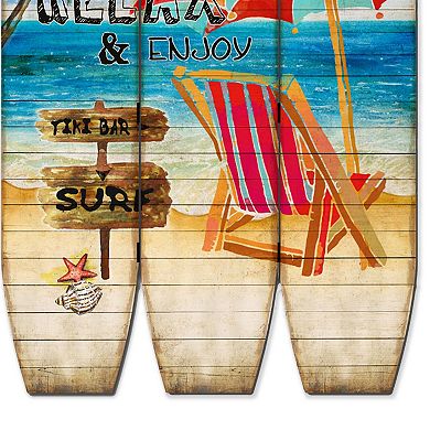 Lounge and Umbrella Print Surfboard Shaped 3 Panel Room Divider, Multicolor