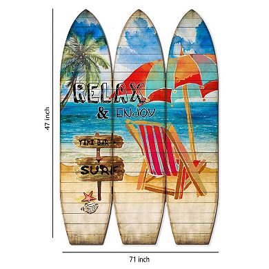 Lounge and Umbrella Print Surfboard Shaped 3 Panel Room Divider, Multicolor
