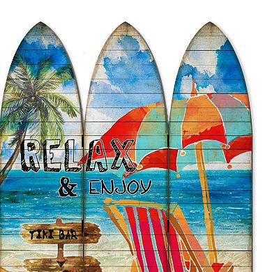 Lounge and Umbrella Print Surfboard Shaped 3 Panel Room Divider, Multicolor