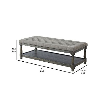 Fabric Upholstered Bench with Button Tufted Seat and Bottom shelf, Gray