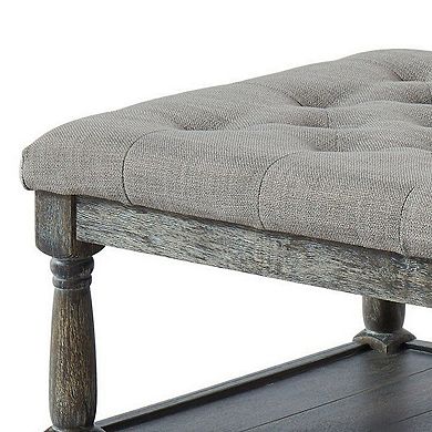 Fabric Upholstered Bench with Button Tufted Seat and Bottom shelf, Gray