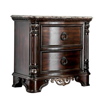 30 Inch Nightstand With 2 Drawers, Classic Marble Top, Ornate Pilasters, Dark Cherry Brown