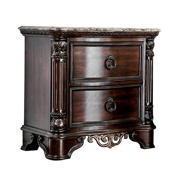 30 Inch Nightstand With 2 Drawers, Classic Marble Top, Ornate Pilasters ...