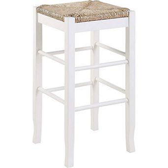 Square Wooden Frame Barstool with Hand Woven Rush, White and Brown