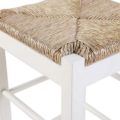 Square Wooden Frame Barstool with Hand Woven Rush, White and Brown
