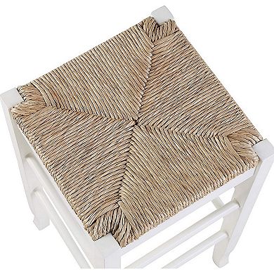 Square Wooden Frame Barstool with Hand Woven Rush, White and Brown