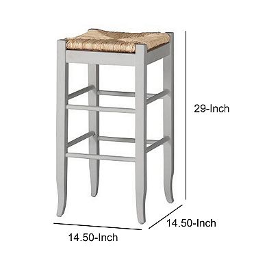 Square Wooden Frame Barstool with Hand Woven Rush, White and Brown