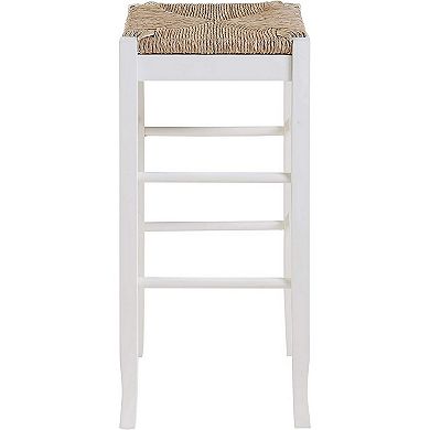 Square Wooden Frame Barstool with Hand Woven Rush, White and Brown