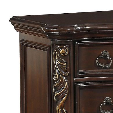 3 Drawer Nightstand with Carved Pilaster and Bracket Feet, Cherry Brown