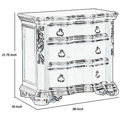 3 Drawer Nightstand with Carved Pilaster and Bracket Feet, Cherry Brown