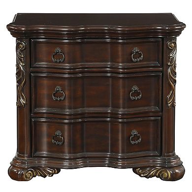 3 Drawer Nightstand with Carved Pilaster and Bracket Feet, Cherry Brown