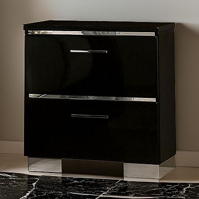 Two Drawer Nightstand with USB Charger and Bar Handle Pulls, Black
