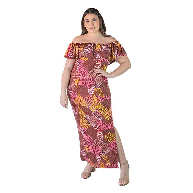 Plus Size 24Seven Comfort Apparel Off-The-Shoulder Maxi Side Slit