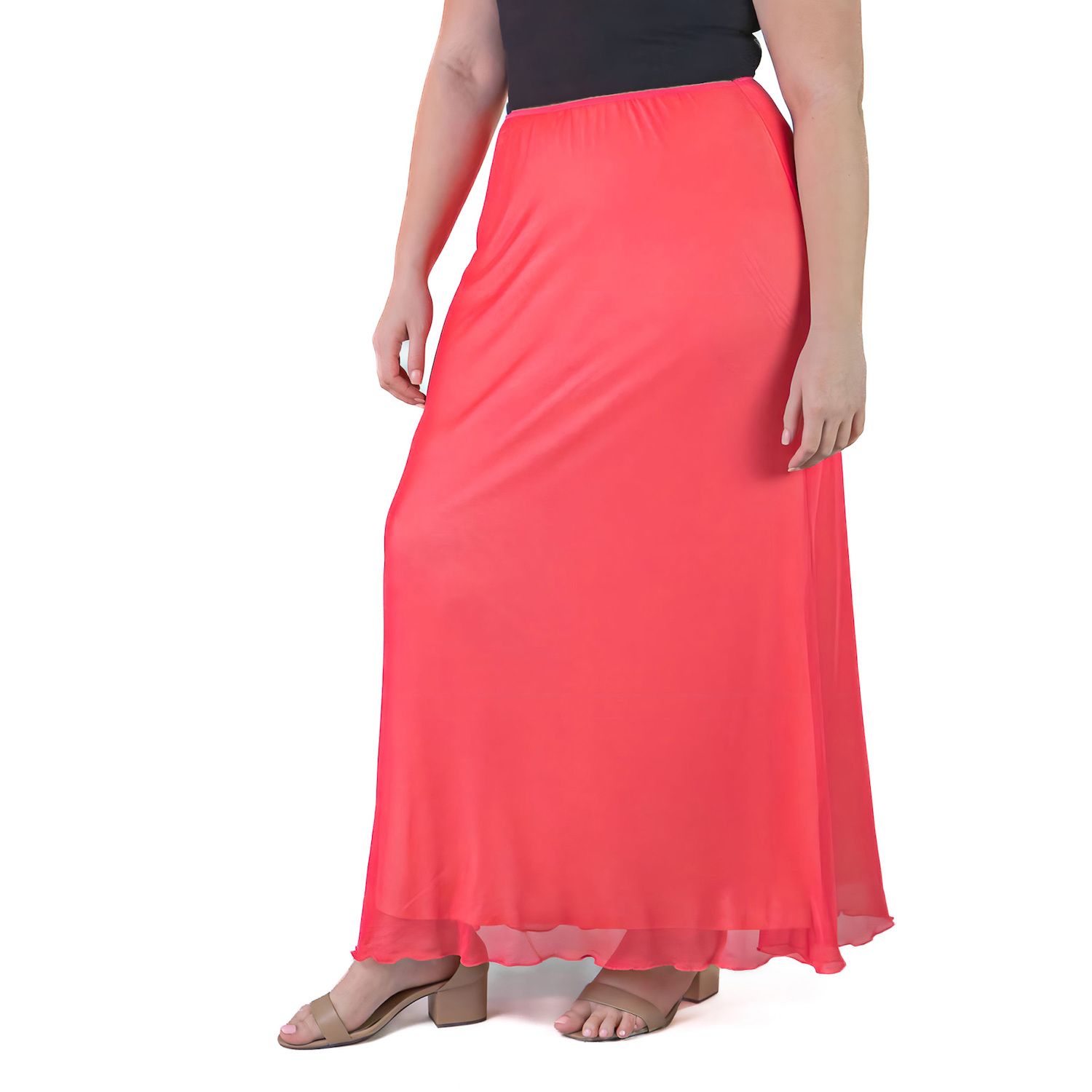 Plus Size 24Seven Comfort Apparel Print Sheer Overlay Elastic Waist Maxi  Skirt