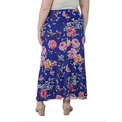 Plus Size 24Seven Comfort Apparel Print Sheer Overlay Elastic Waist Maxi Skirt