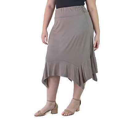 Plus Size 24Seven Comfort Apparel Solid Elastic Waist Handkerchief Midi Skirt
