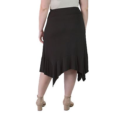 Plus Size 24Seven Comfort Apparel Solid Elastic Waist Handkerchief Midi Skirt