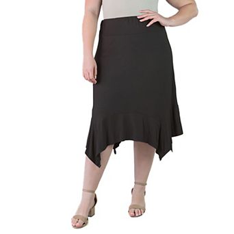 Plus Size 24Seven Comfort Apparel Solid Elastic Waist Handkerchief Midi Skirt