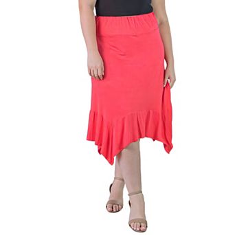 Plus Size 24Seven Comfort Apparel Solid Elastic Waist Handkerchief Midi Skirt
