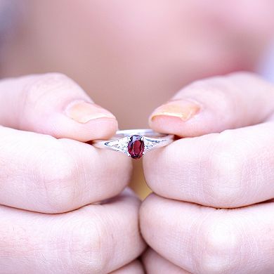 Jewelexcess Sterling Silver Oval Garnet & Diamond Accent Ring