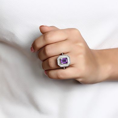 Jewelexcess Sterling Silver Amethyst & 1/3 Carat T.W. Diamond Halo Ring