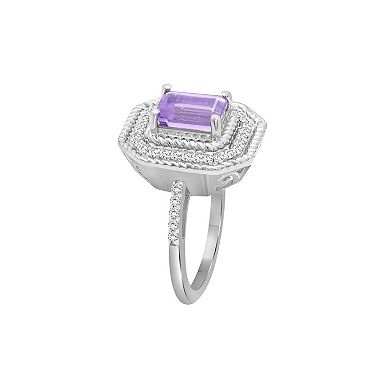 Jewelexcess Sterling Silver Amethyst & 1/3 Carat T.W. Diamond Halo Ring
