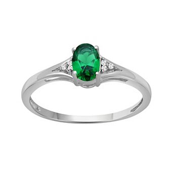 Jewelexcess Sterling Silver Oval Lab-Created Emerald & Diamond Accent Ring