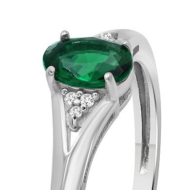 Jewelexcess Sterling Silver Oval Lab-Created Emerald & Diamond Accent Ring