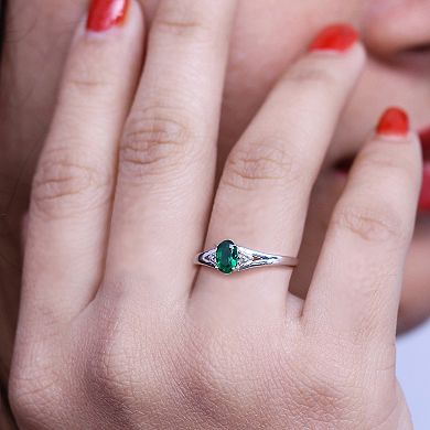 Jewelexcess Sterling Silver Oval Lab-Created Emerald & Diamond Accent Ring