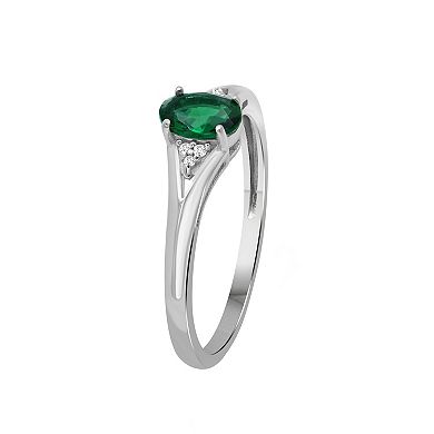 Jewelexcess Sterling Silver Oval Lab-Created Emerald & Diamond Accent Ring