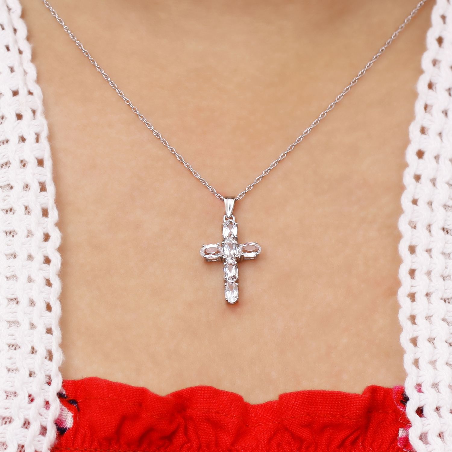 Peora Women's London Blue Topaz Cross Necklace - 925 Sterling Silver, 6 Carats Oval Stones, 18" Chain, December Birthstone Gift - View #7