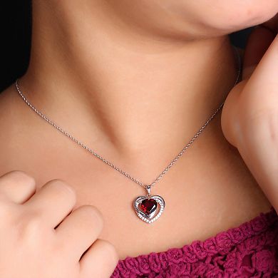 Jewelexcess Sterling Silver Garnet & 1/8 Carat T.W. Diamond Heart Pendant Necklace