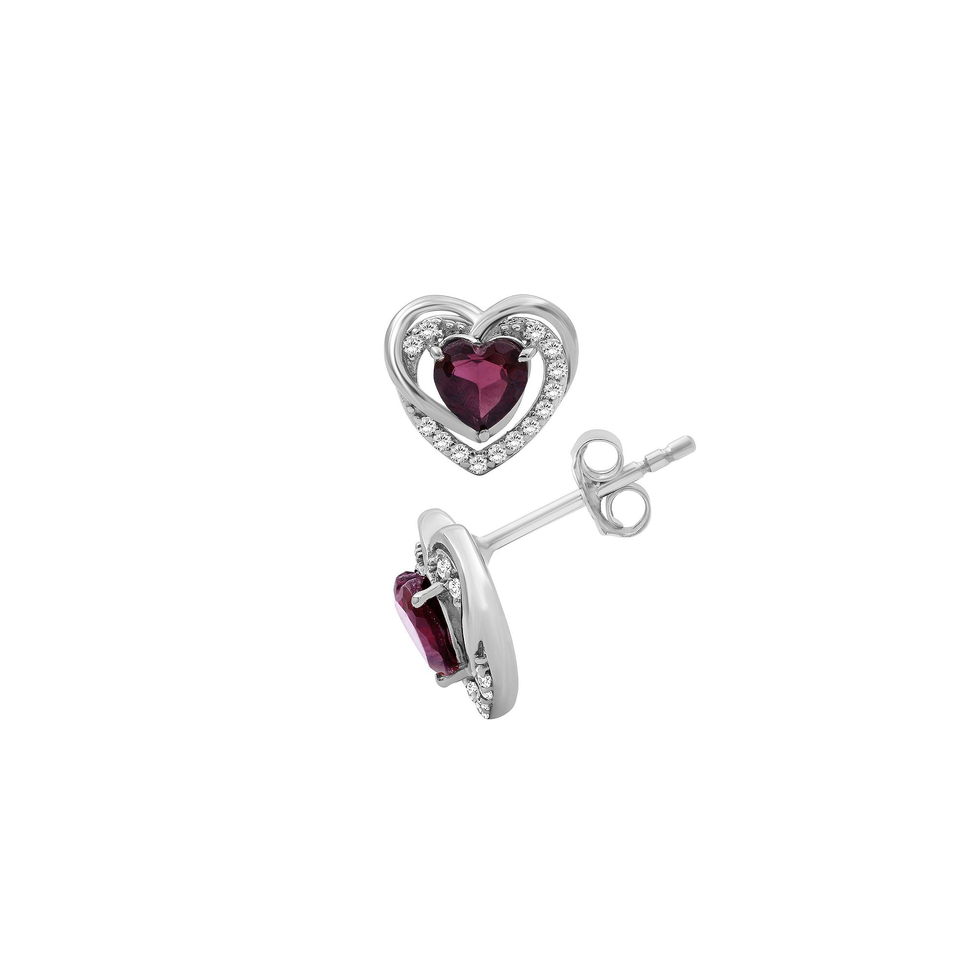 Jewelexcess Sterling Silver Garnet & 1/6 Carat T.W. Diamond Heart Stud Earr