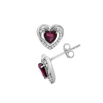Jewelexcess Sterling Silver Garnet & 1/6 Carat T.W. Diamond Heart Stud Earrings