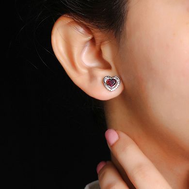 Jewelexcess Sterling Silver Garnet & 1/6 Carat T.W. Diamond Heart Stud Earrings